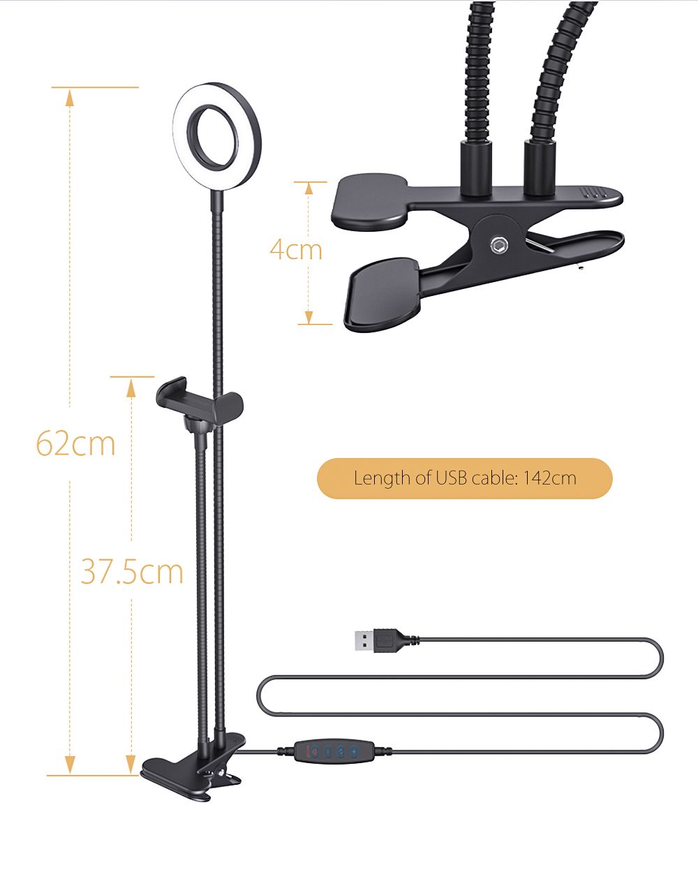 Ohebný stolní držák telefonu s kruhovým osvětlením do USB s regulací intenzity i teploty bilé 12